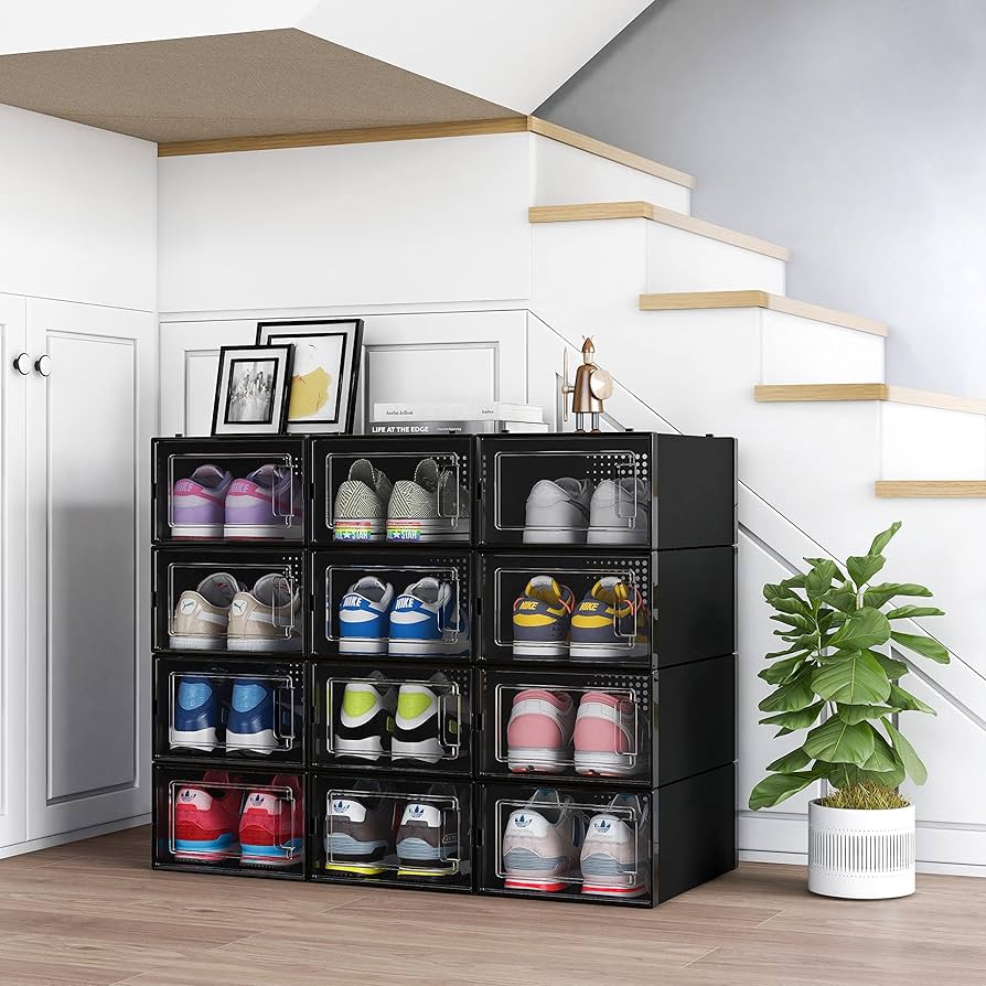 12 Pack XX Large Shoe Organizer Storage Boxes for Closet Modular Space Saving Shoe Boxes Clear Plastic Stackable Sneaker Containers Display Case with Lids Black02