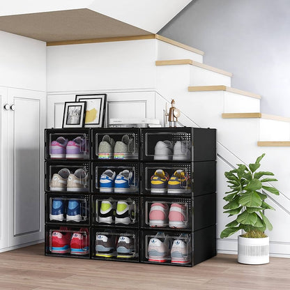 12 Pack XX Large Shoe Organizer Storage Boxes for Closet Modular Space Saving Shoe Boxes Clear Plastic Stackable Sneaker Containers Display Case with Lids Black02