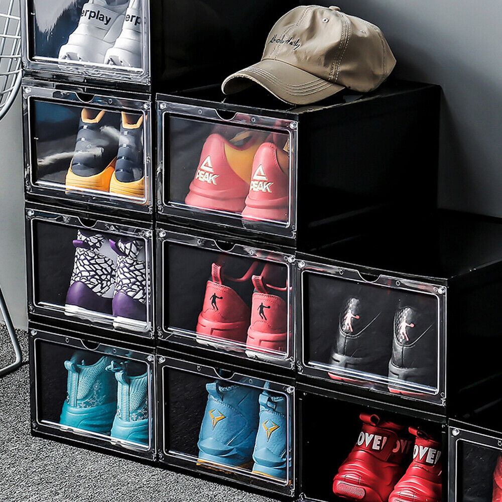 12 Pack XX Large Shoe Organizer Storage Boxes for Closet Modular Space Saving Shoe Boxes Clear Plastic Stackable Sneaker Containers Display Case with Lids Black02