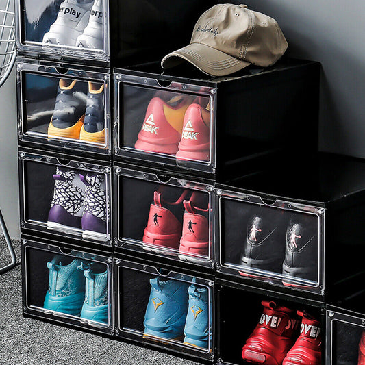 12 Pack XX Large Shoe Organizer Storage Boxes for Closet Modular Space Saving Shoe Boxes Clear Plastic Stackable Sneaker Containers Display Case with Lids Black02